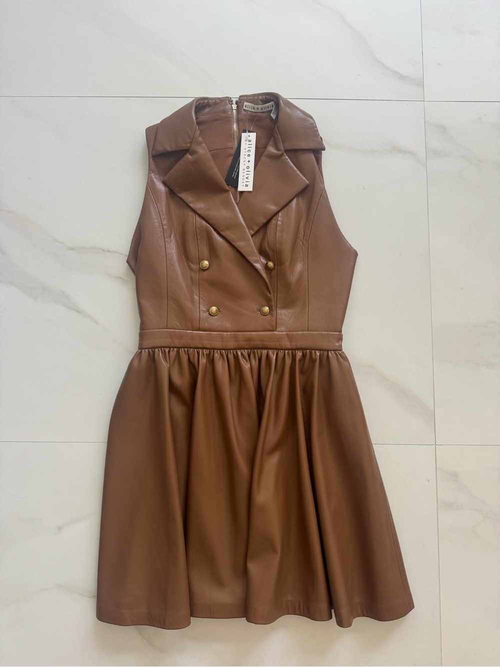 Alice + Olivia Camel Faux Leather Dress with Gold Hardware